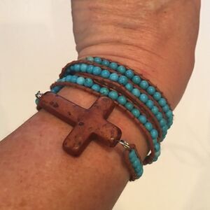 Boho turquoise‎ bracelet with wooden cross